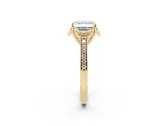 Asscher Cut Diamond Halo Ring Set in Yellow gold with Channel Set Band and Prong Setting