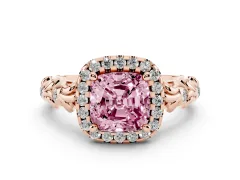 Fancy Pink Cushion Cut Diamond Halo Ring Set in Rose gold with Filigree Leaf Band and Prong Setting
