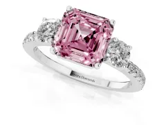 Fancy Pink Asscher Cut Diamond Three-Stone Ring Set in Silver with Pavé Band and Graduated Sides