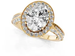 Oval Cut Diamond Halo Engagement Ring Set in Yellow gold with Accent Split Shank Band