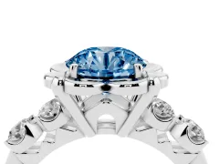 Fancy Blue Round Cut Diamond Floral Halo Ring Set in Platinum with Shared Prong Band