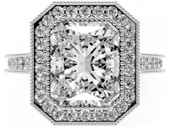 Radiant Cut Diamond Halo Milgrain Pavé Band Ring Set in White gold with Prong Setting