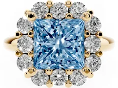 Fancy Blue Princess Cut Diamond Halo Cluster Engagement Ring Set in Yellow gold with Polished Band and Prong Setting