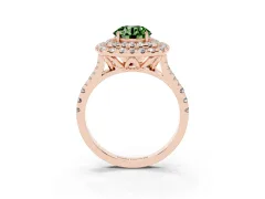 Fancy Green Round Cut Diamond Double Halo Ring Set in Rose gold with Pavé Split Shank and Prong Setting