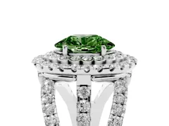 Fancy Green Oval Cut Diamond Double Halo Ring Set in White gold with Round Pavé Split Shank