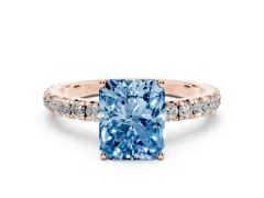 Fancy Blue Radiant Cut Diamond Pavé Solitaire Engagement Ring Set in Rose gold with Prong Setting