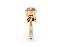 Fancy Pink Princess Cut Diamond Halo Floral Band Ring Set in Yellow gold with Prong Setting