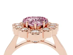 Fancy Pink Heart Cut Diamond Cluster Halo Ring Set in Rose gold with Milgrain Bezel Accents and Plain Band