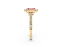 Fancy Pink Radiant Cut Diamond Halo Milgrain Pavé Band Ring Set in Yellow gold with Prong Setting