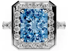 Fancy Blue Radiant Cut Diamond Halo Engagement Ring Set in Platinum with Twisted Band and Prong Setting