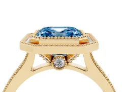 Fancy Blue Asscher Cut Diamond Halo Milgrain Pavé Band Ring Set in Yellow gold with Prong Setting