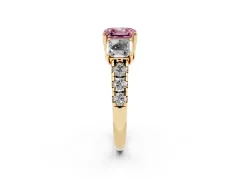 Fancy Pink Asscher Cut Diamond Three-Stone Ring Set in Yellow gold with Pavé Band