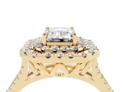 Emerald Cut Diamond Double Halo Ring Set in Yellow gold with Pavé Split Shank and Prong Setting