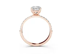Cushion Cut Diamond Solitaire Engagement Ring Set in Rose gold with Round Pavé Band and Prong Setting