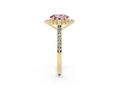 Fancy Pink Oval Cut Diamond Halo Ring Set in Yellow gold with Pavé Band and Prong Setting