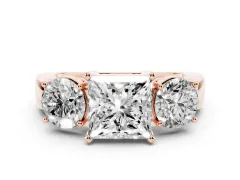 Princess Cut Diamond Three-Stone Ring Set in Rose gold with Round Side Stones and Classic Band