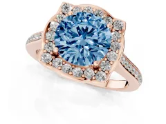 Fancy Blue Round Cut Diamond Halo Ring Set in Rose gold with Pavé-Lined Shoulders and Prong Setting