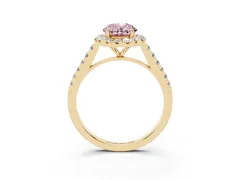 Fancy Pink Oval Cut Diamond Halo Pavé Engagement Ring Set in Yellow gold with Prong Setting