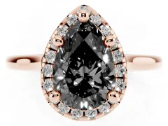 Fancy Black Pear Cut Diamond Halo Engagement Ring Set in Rose gold with Pavé Band and Rising Shoulders