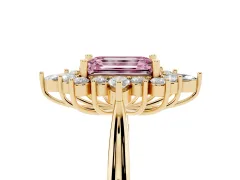 Fancy Pink Emerald Cut Diamond Cluster Halo Ring Set in Yellow gold with Marquise and Round Accents