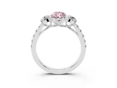 Fancy Pink Pear Cut Diamond Three-Stone Ring Set in White gold with Round Side Stones and Delicate Pavé Band
