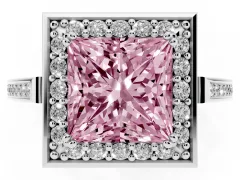 Fancy Pink Princess Cut Diamond Halo Ring Set in Platinum with Accent-Lined Split Shank and Prong Setting