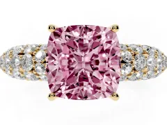 Fancy Pink Cushion Cut Diamond Pavé Band Solitaire Ring Set in Yellow gold with Close-Set Accent Stones and Prong Setting