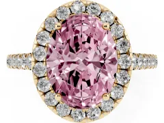 Fancy Pink Oval Cut Diamond Halo Pavé Engagement Ring Set in Yellow gold with Prong Setting