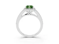 Fancy Green Cushion Cut Diamond Halo Split Shank Pavé Ring Set in White gold with Prong Setting