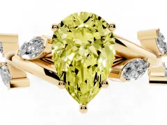 Fancy Yellow Pear Cut Diamond Solitaire Ring Set in Yellow gold with Twisted Marquise Accent Band