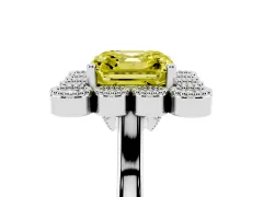 Fancy Yellow Asscher Cut Diamond Cluster Halo Ring Set in Silver with Milgrain Bezel Accents and Plain Band