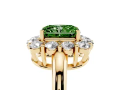 Fancy Green Radiant Cut Diamond Halo Cluster Engagement Ring Set in Yellow gold with Polished Band and Prong Setting