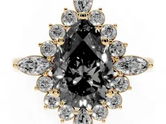 Fancy Black Pear Cut Diamond Cluster Halo Ring Set in Yellow gold with Marquise and Round Accents