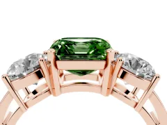 Fancy Green Asscher Cut Diamond Three-Stone Ring Set in Rose gold with Round Side Stones and Classic Band