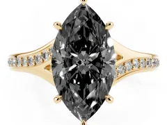 Fancy Black Marquise Cut Diamond Solitaire Ring Set in Yellow gold with Pavé Accent Band and Classic Prong Setting