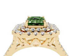 Fancy Green Emerald Cut Diamond Double Halo Ring Set in Yellow gold with Pavé Split Shank and Prong Setting