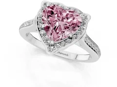 Fancy Pink Heart Cut Diamond Halo Ring Set in White gold with Pavé-Lined Shoulders and Prong Setting
