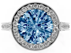 Fancy Blue Round Cut Diamond Halo Engagement Ring Set in Platinum with Accent Split Shank Band