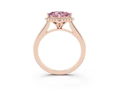 Fancy Pink Princess Cut Diamond Halo Engagement Ring Set in Rose gold with Pavé Band and Rising Shoulders