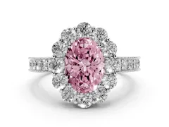 Fancy Pink Oval Cut Diamond Halo Pavé Engagement Ring Set in White gold with Milgrain Detailing