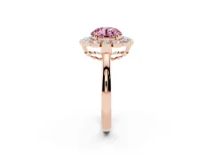 Fancy Pink Round Cut Diamond Halo Cluster Engagement Ring Set in Rose gold with Solitaire Band and Prong Setting