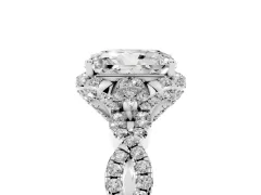 Radiant Cut Diamond Halo Twist Band Solitaire Ring Set in Platinum with Prong-Set Center Stone