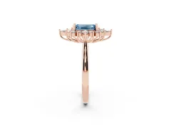 Fancy Blue Emerald Cut Diamond Cluster Halo Ring Set in Rose gold with Marquise and Round Accents