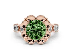 Fancy Green Round Cut Diamond Floral Halo Ring Set in Rose gold with Shared Prong Band