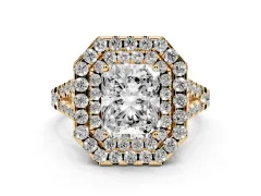 Radiant Cut Diamond Double Halo Ring Set in Yellow gold with Pavé Split Shank and Prong Setting