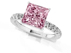 Fancy Pink Princess Cut Diamond Pavé Solitaire Engagement Ring Set in White gold with Prong Setting