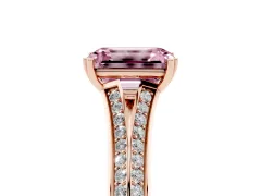 Fancy Pink Emerald Cut Diamond Split Shank Pavé Engagement Ring Set in Rose gold with Prong-Set Center Stone