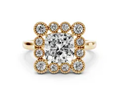 Cushion Cut Diamond Cluster Halo Ring Set in Yellow gold with Milgrain Bezel Accents and Plain Band