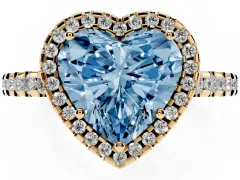 Fancy Blue Heart Cut Diamond Halo Ring Set in Yellow gold with Pavé Shoulders and Halo-Framed Center