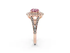 Fancy Pink Round Cut Diamond Double Halo Ring Set in Rose gold with Pavé Split Shank and Prong Setting